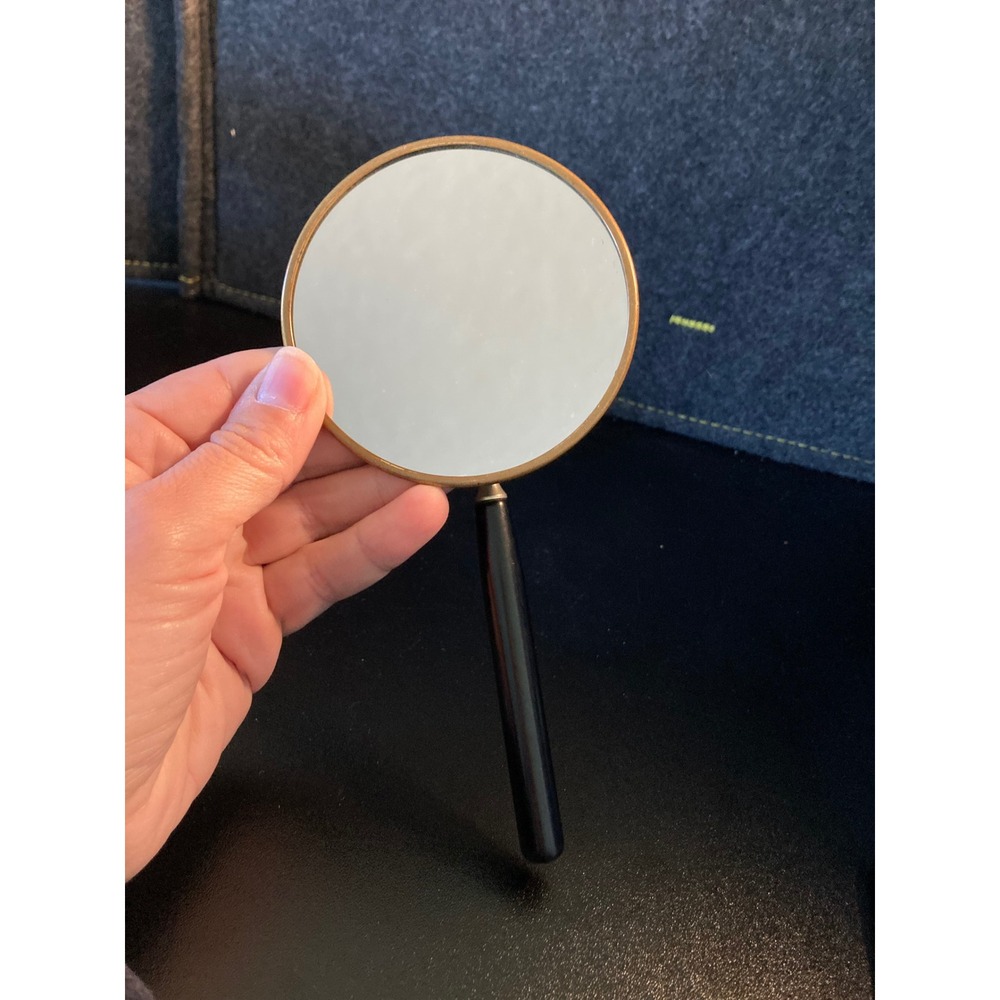 Vintage Guilloche Enamel Hand Mirror Floral Brass Black Vanity Dresser Mirror